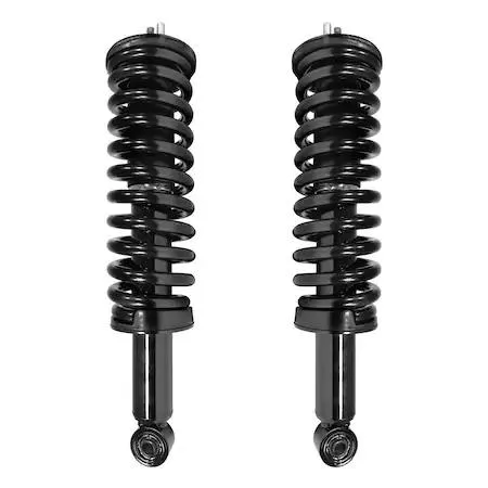Two silver front strut assemblies with coil springs and top mounts side by side