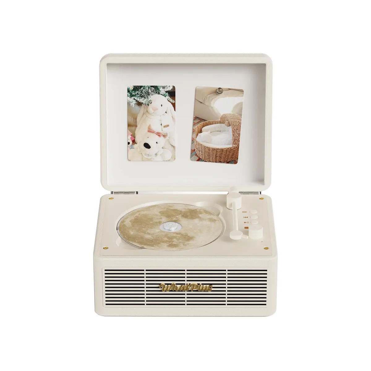 White rectangular CD player with built-in speakers and magnetic display panel