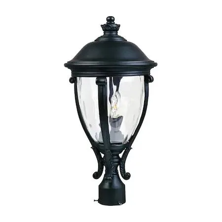 Black outdoor pole light with three lights and water glass panels