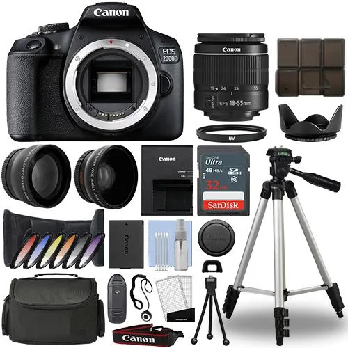Canon EOS 2000D DSLR with 18-55mm lens kit and 32GB card