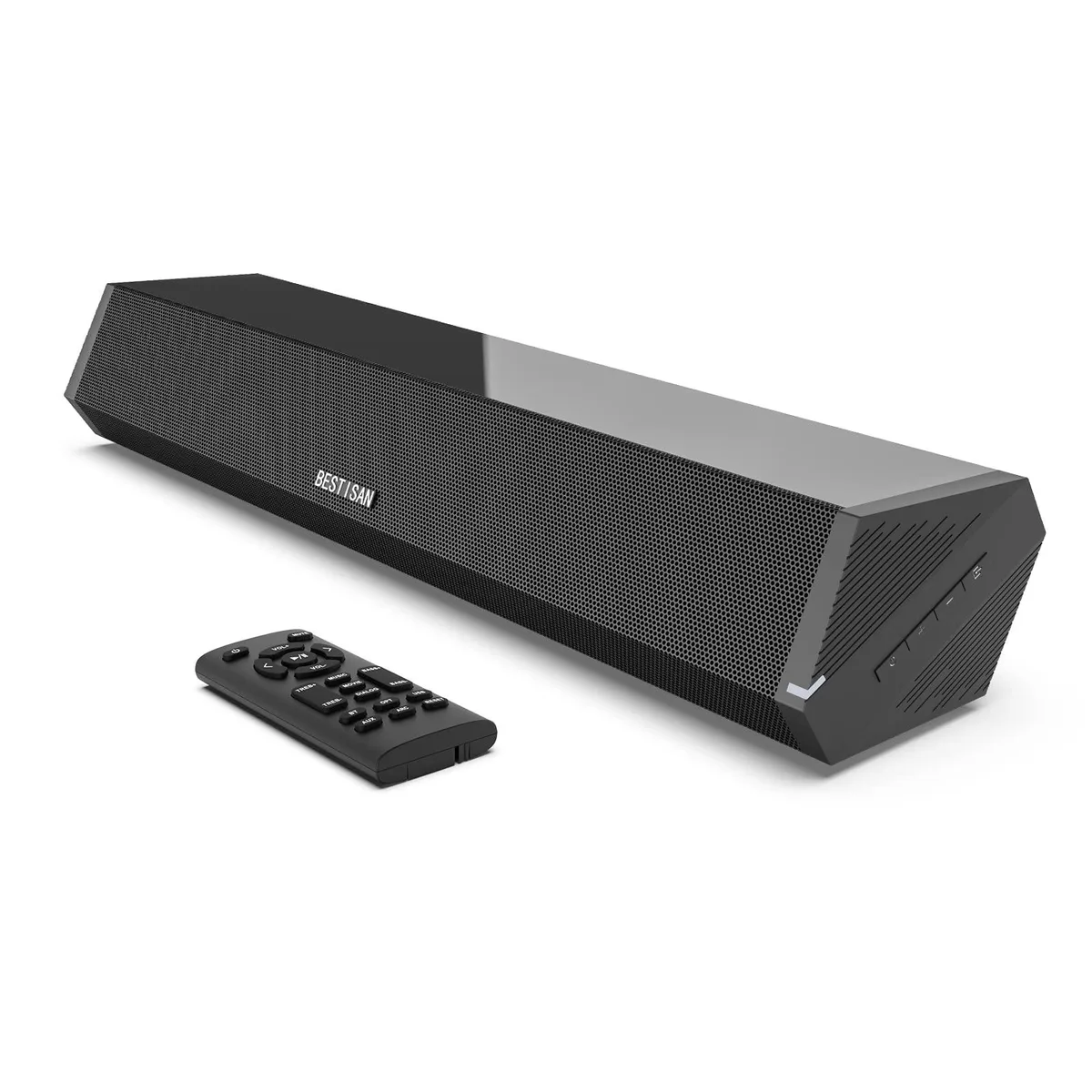 Black 16-inch soundbar, slim rectangular form, matte finish