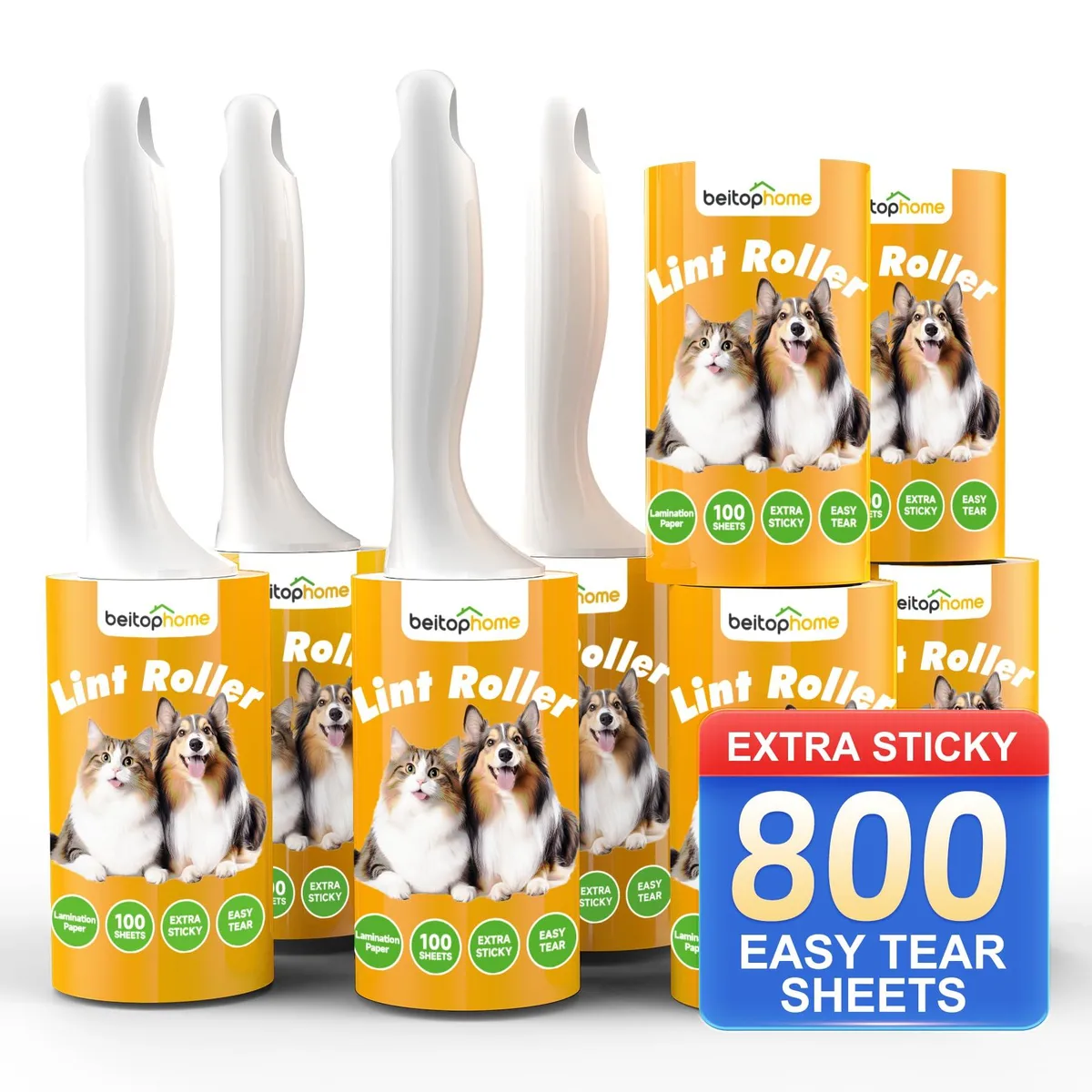 Four white lint roller handles with perforated adhesive sheets in a rectangular box