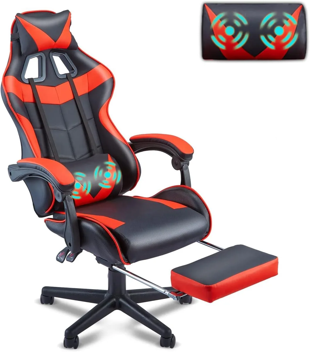 PISKEKAT PISKEKAT Red Gaming Chair with Footrest, Adjustable Headrest, Lumbar Support, 90-160° Recline — product photo