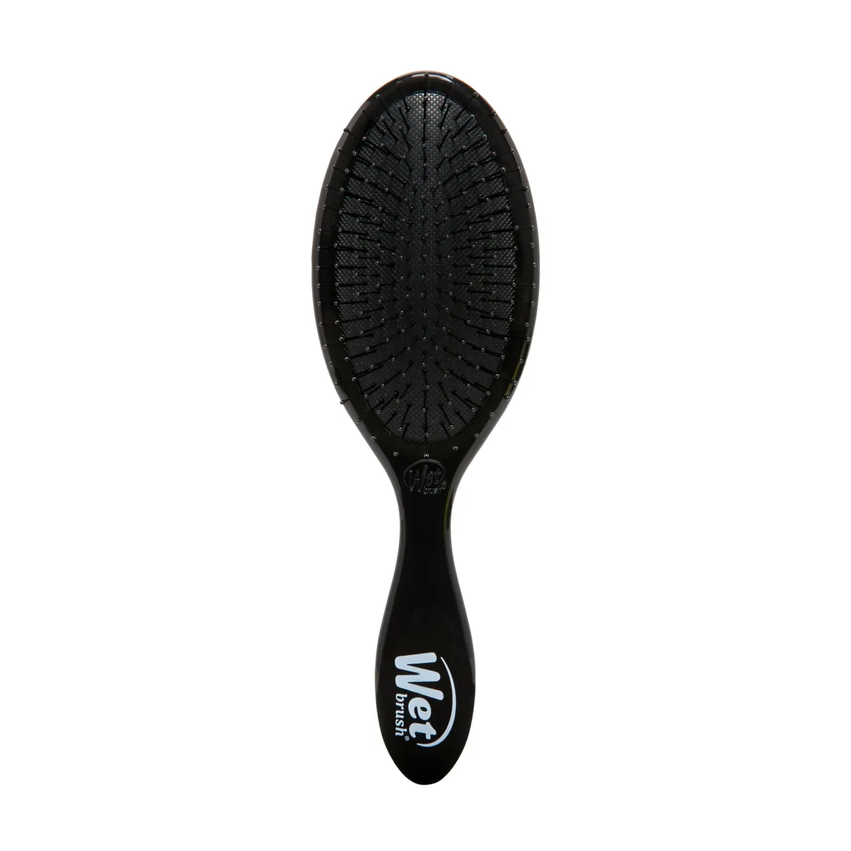 Black plastic hair brush with flexible bristles, lightweight oval shape