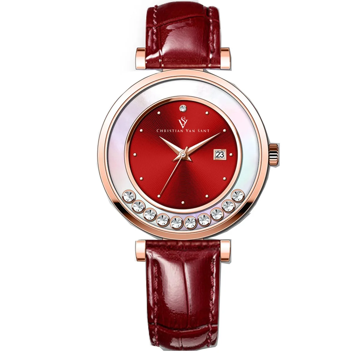 Christian Van Sant Bria watch with red dial and leather strap