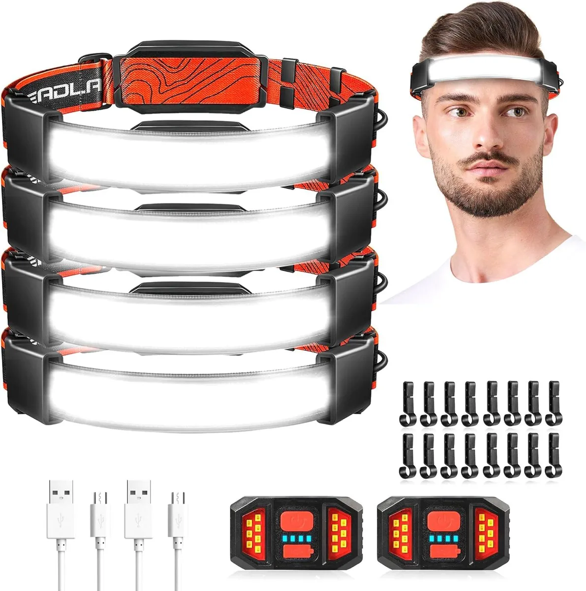 Four rechargeable headlamps with wide-angle lenses and red taillights