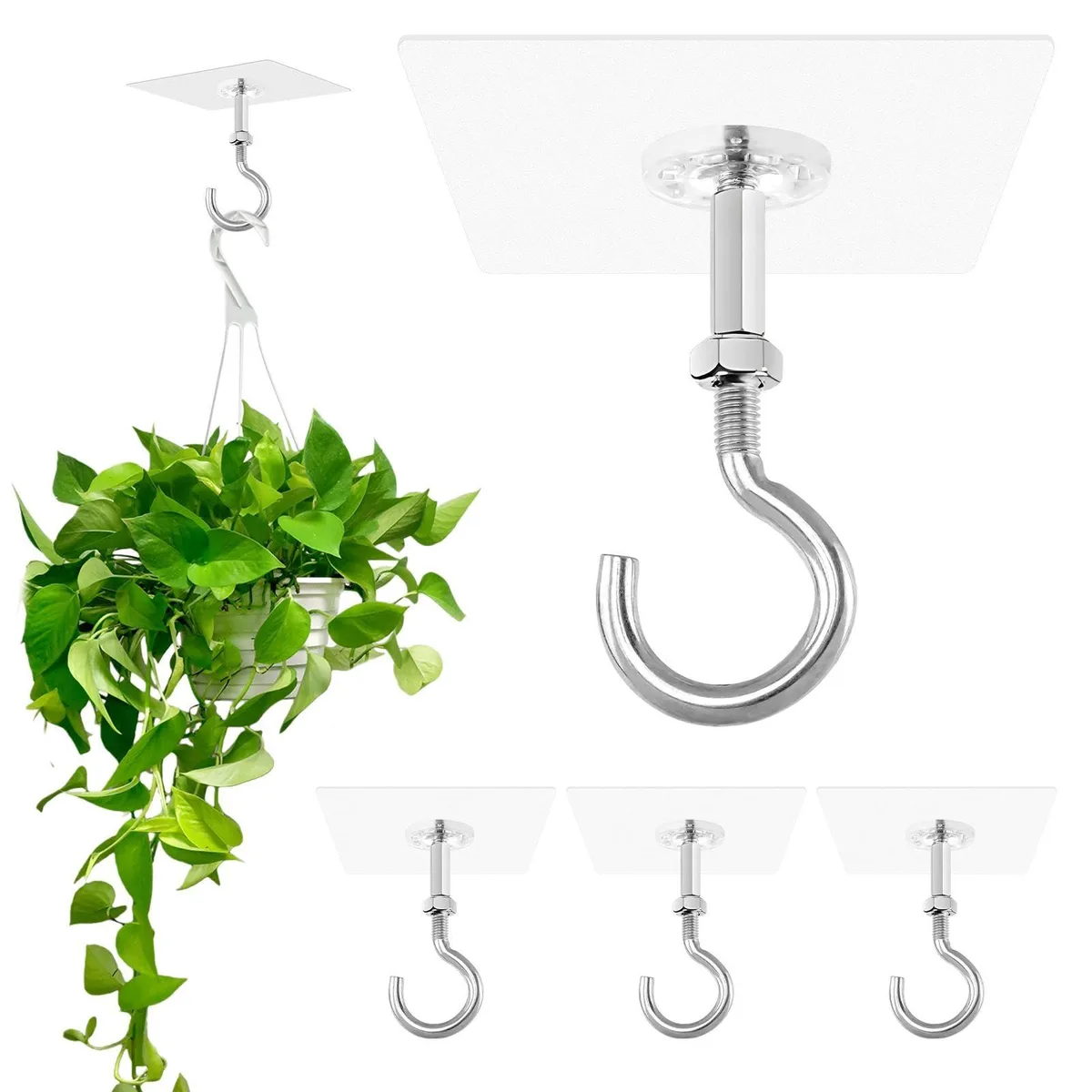 Four silver stainless steel adhesive ceiling hooks with transparent PC bases