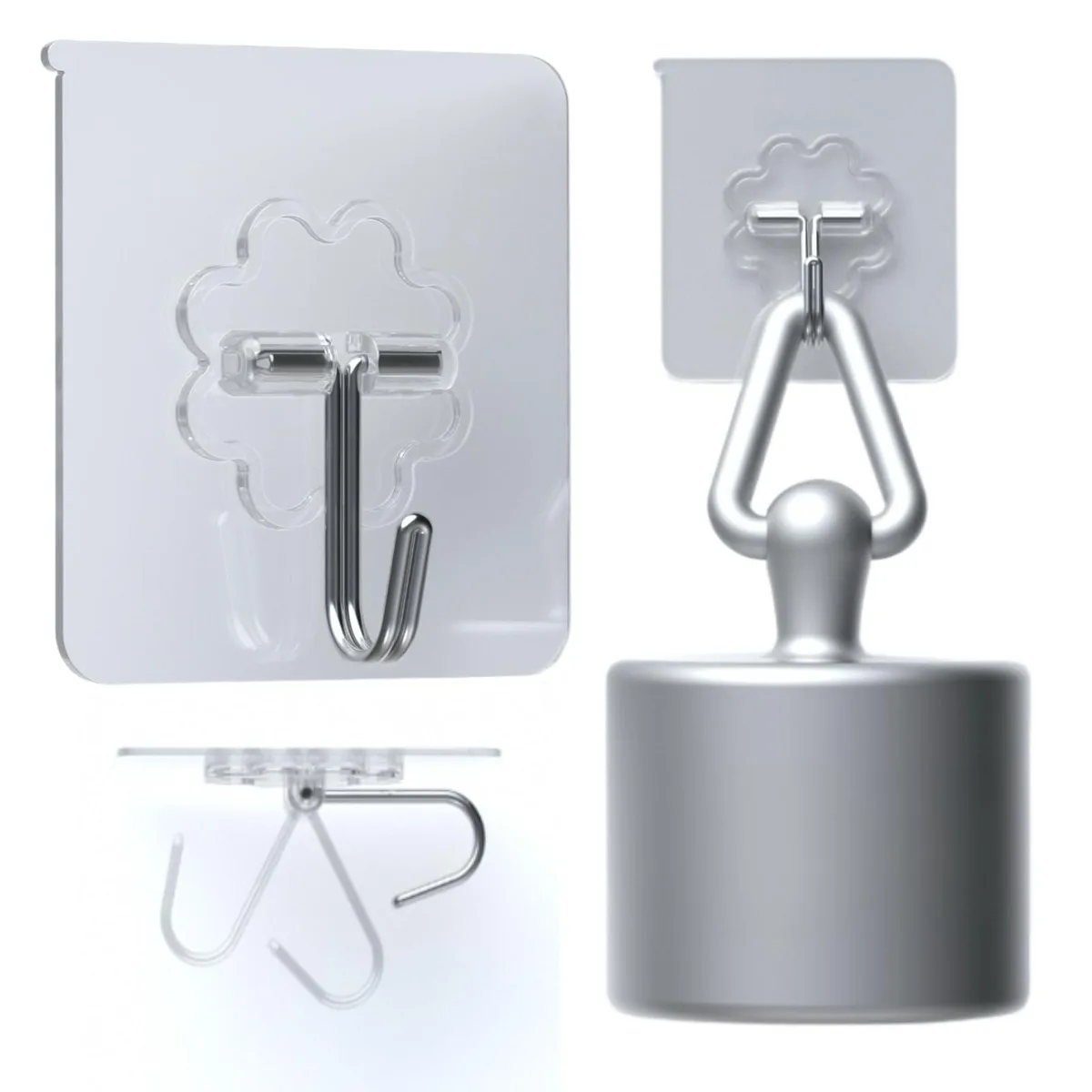 Clear adhesive wall hooks, 24 small transparent pieces with stainless steel cores