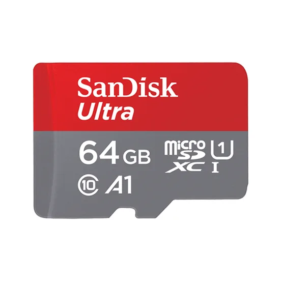 Small red microSDXC card labelled 64GB U1 100MB/s