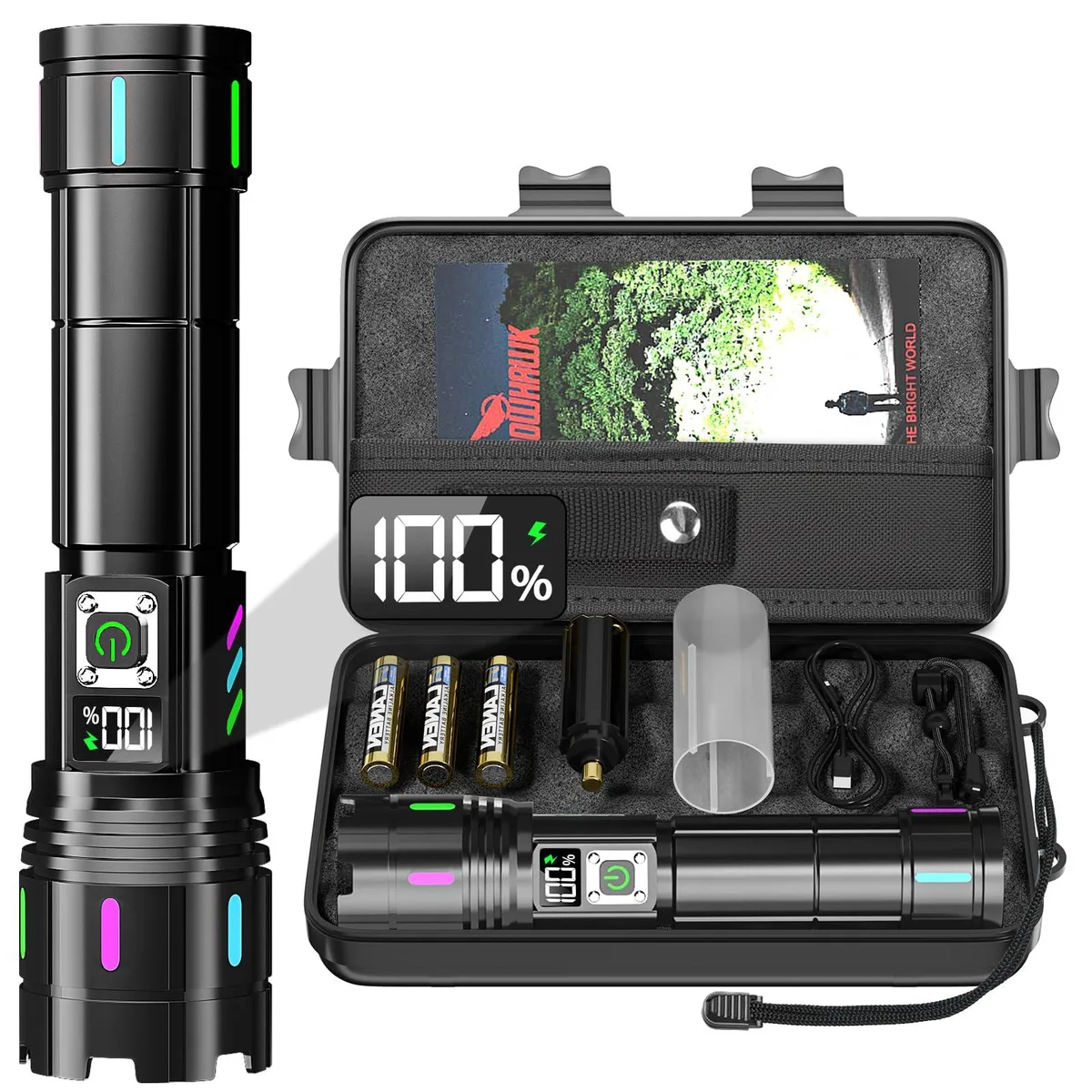 Black cylindrical LED flashlight with LCD display and USB-C port