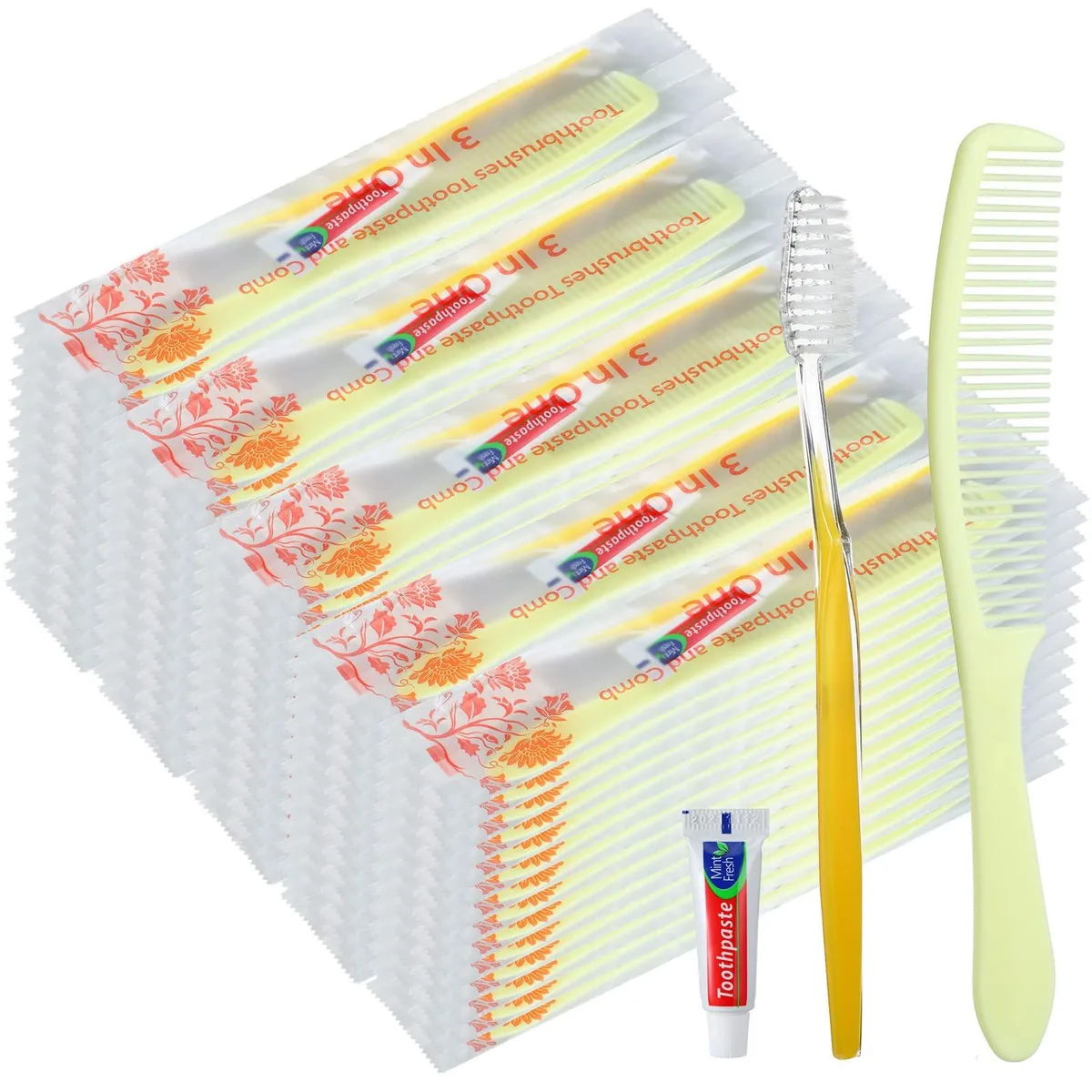 Bulk box of 200 gold travel oral-care kits each with brush paste comb