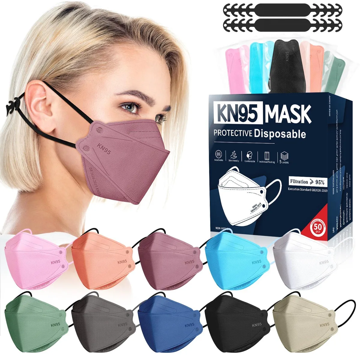 Box of 50 folded KN95 masks in ten colours, individually wrapped