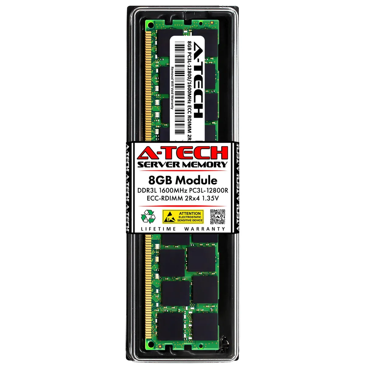 Green 240-pin DDR3L ECC registered DIMM with black chips