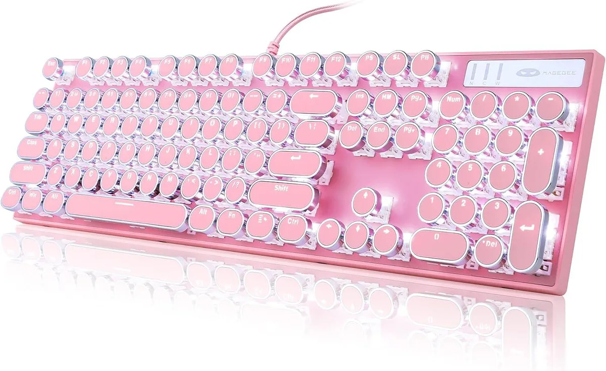 ebest ebest Typewriter Style Mechanical Gaming Keyboard Pink White Backlit 104 Keys Blue Switch — product photo