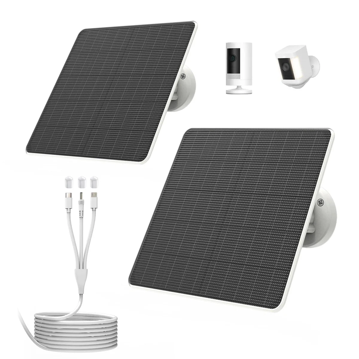 Two rectangular solar panels with dark cells, silver frames, 9.8 ft cables and adjustable brackets