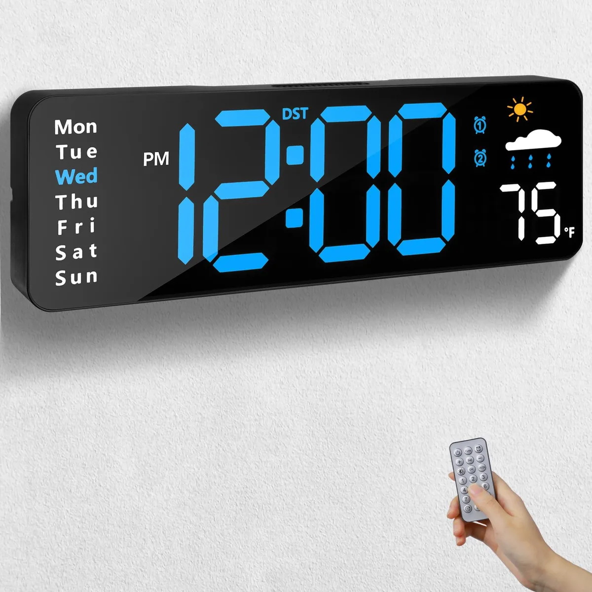 Blue rectangular digital wall clock 11.0 in wide with large LED display and remote