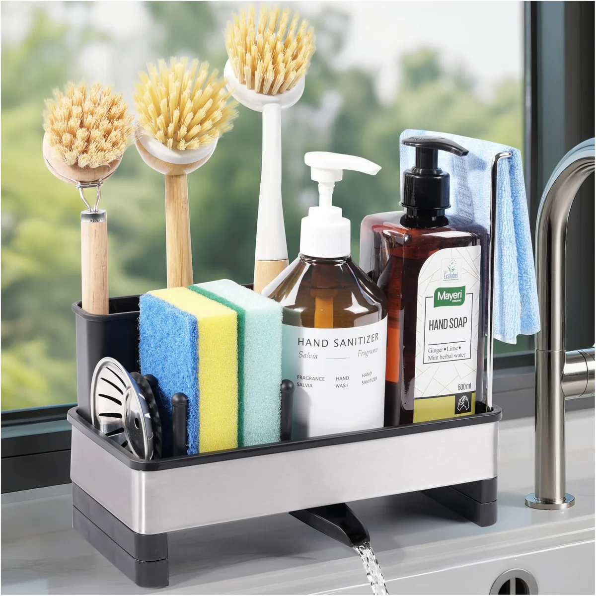 Stainless steel sink caddy with rotatable drain spout, brush holder and towel rack