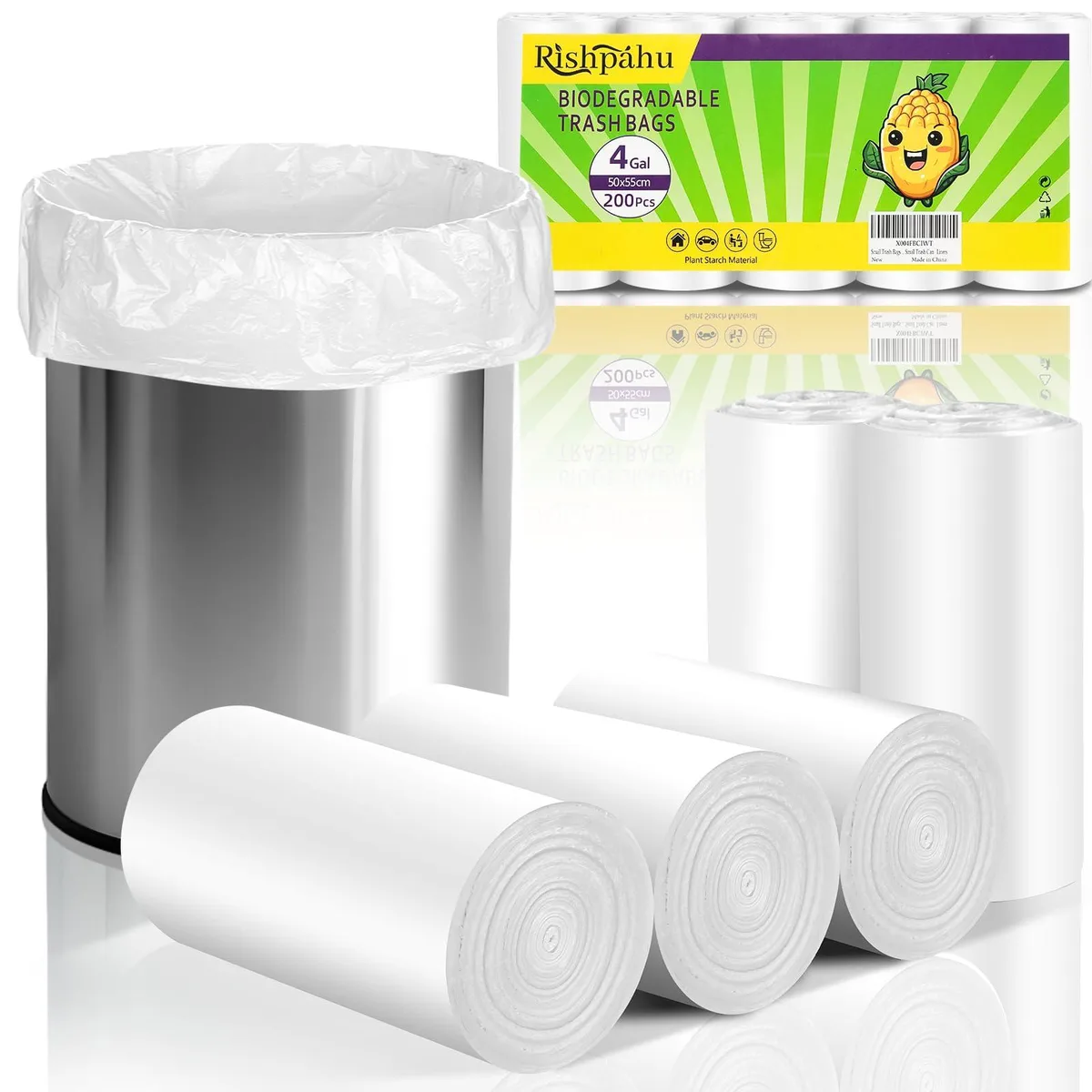 White biodegradable trash bags on a roll, 200 count, 15 litre capacity