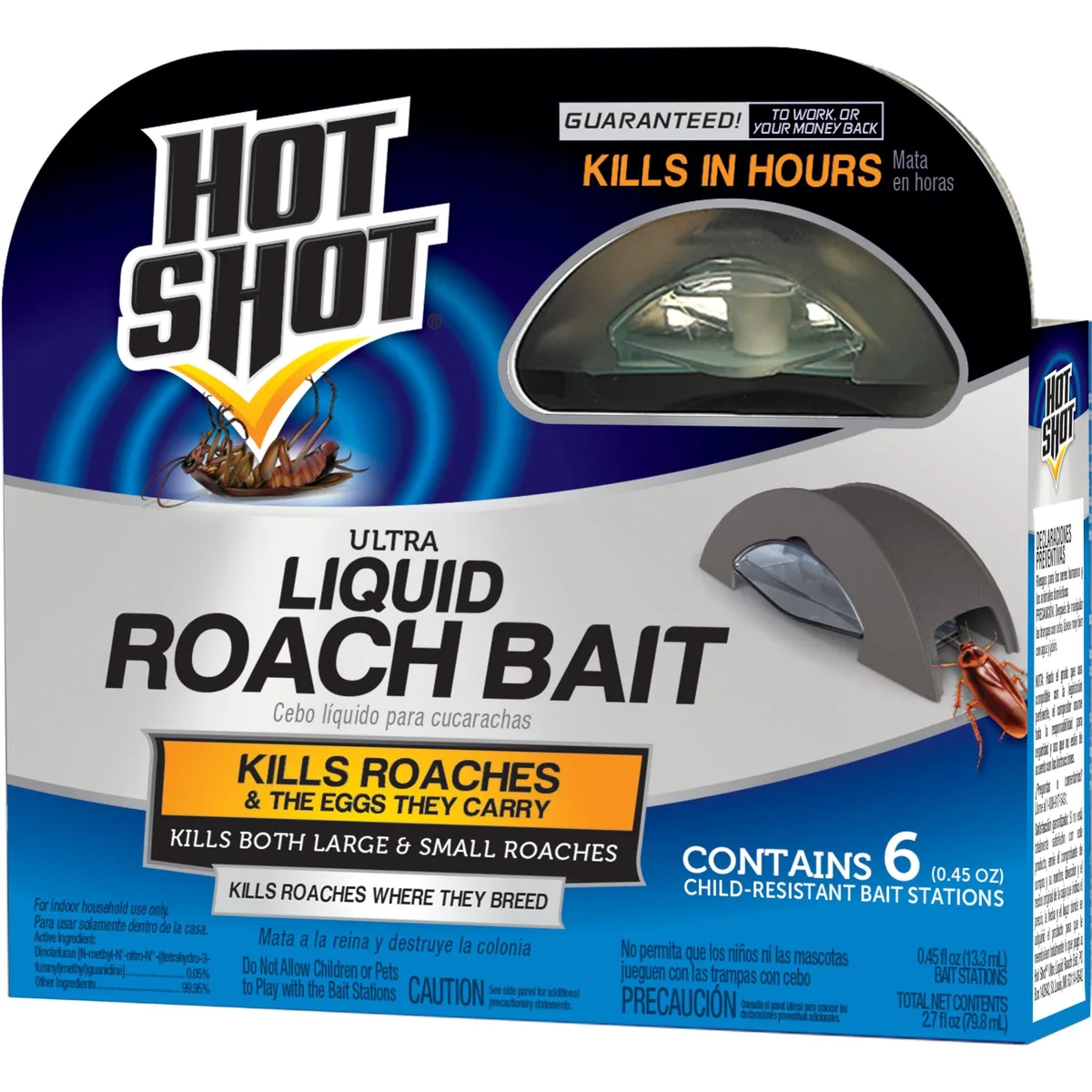Six clear plastic roach bait stations in a row