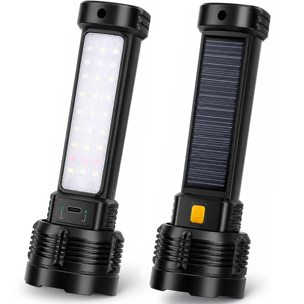 Two black rectangular flashlights with textured grips and solar panels on the back