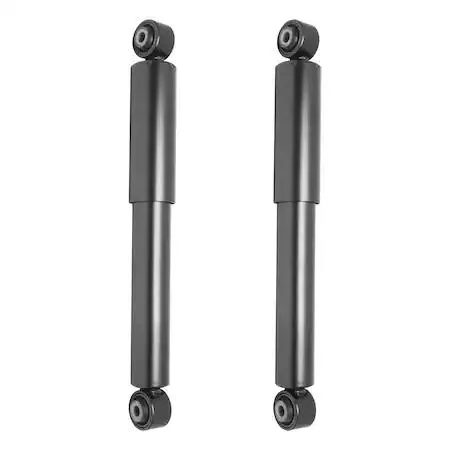 A boxed pair of silver rear shock absorbers with black dust boots