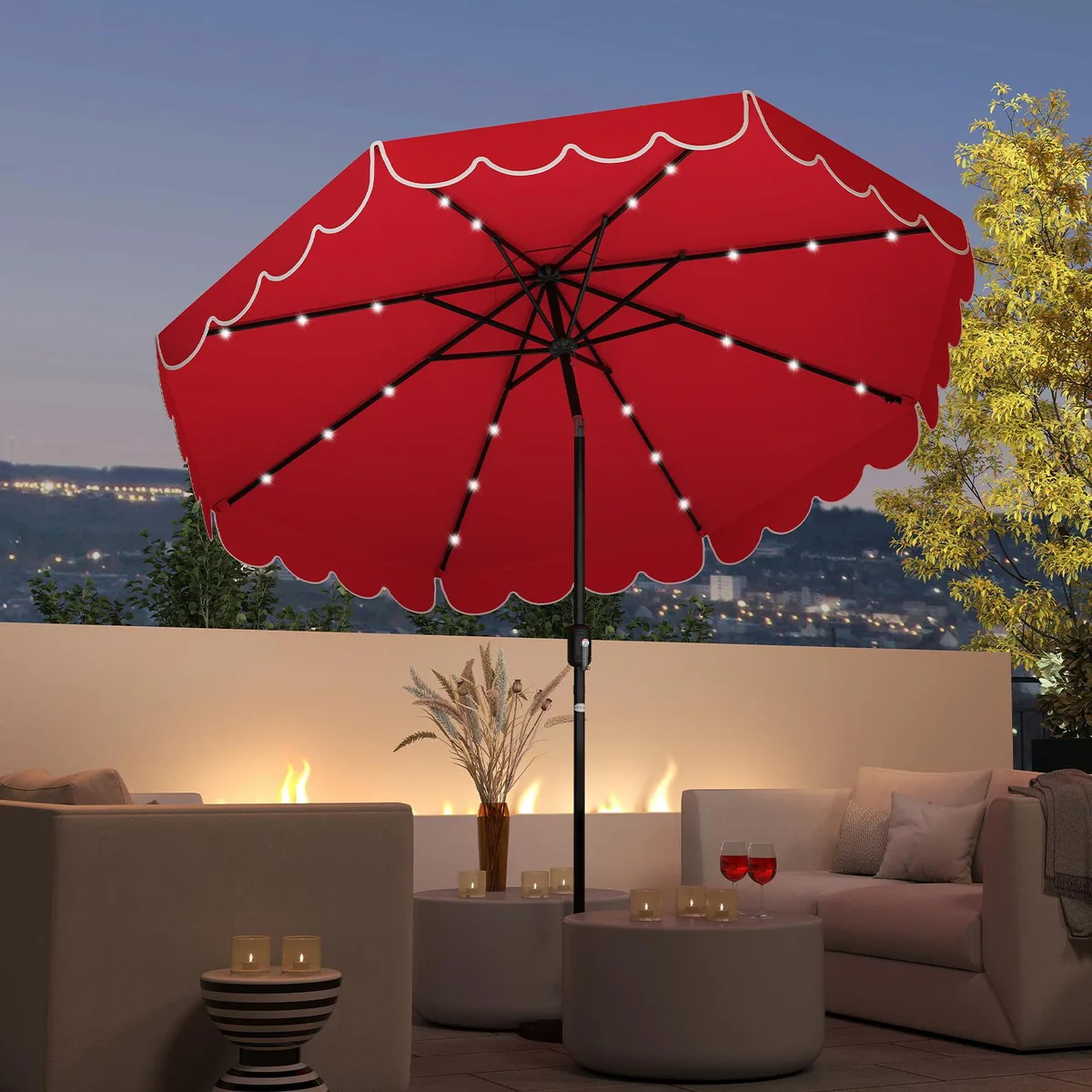 Red solar patio umbrella with ruffled canopy 24 LED lights vented top crank tilt pole 9.3 ft diameter 8.2 ft height 1.48 inch pole