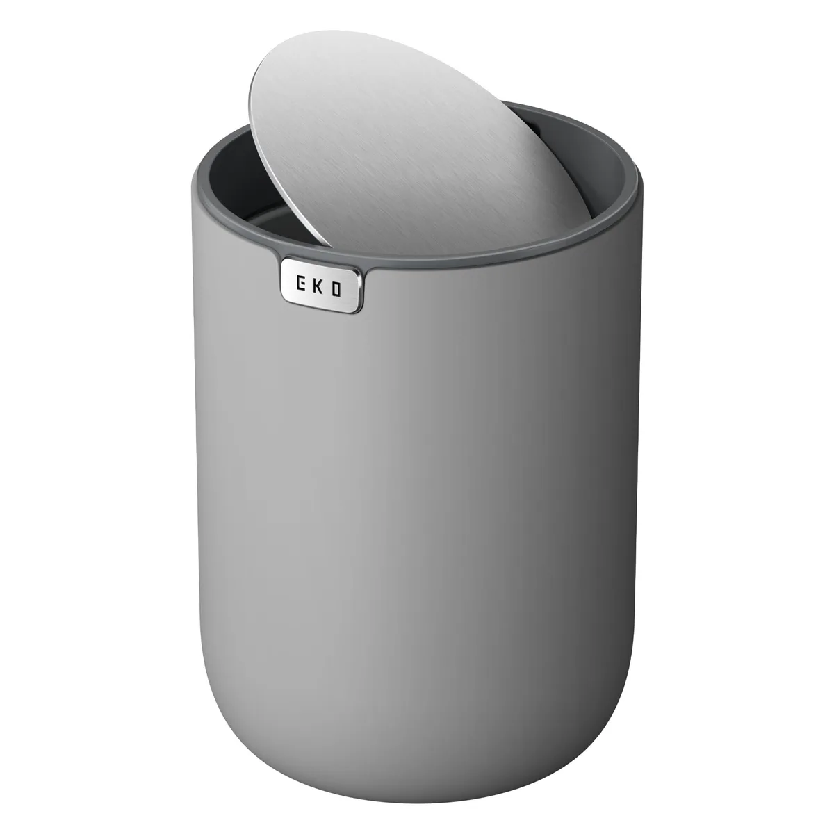 Three small white plastic swing-top bins with stainless steel bases