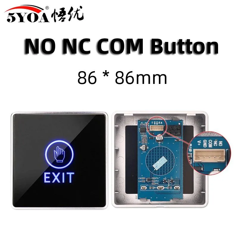 Rectangular infrared touch exit button with LED light, hard plastic panel, metal construction, 90.5 by 86 by 30 mm, 125 g