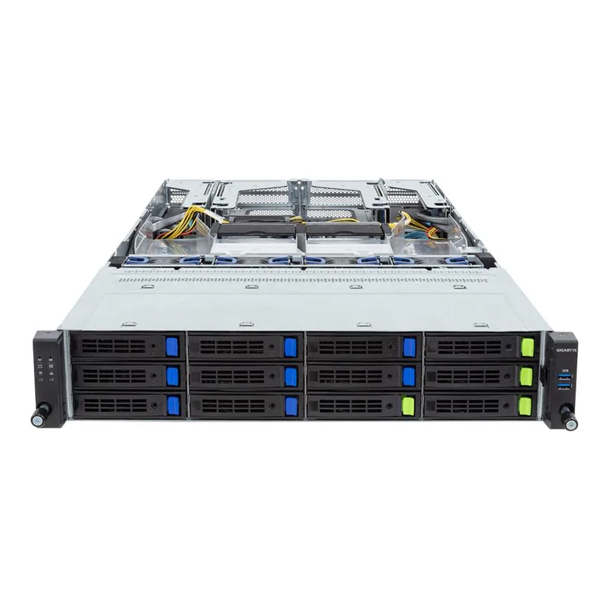 GIGABYTE GIGABYTE R283-S93-AAF1 2U barebone server, dual Xeon, 32 DDR5 slots, 12 NVMe/SATA/SAS bays, 2 Gen5 GPU slots — product photo