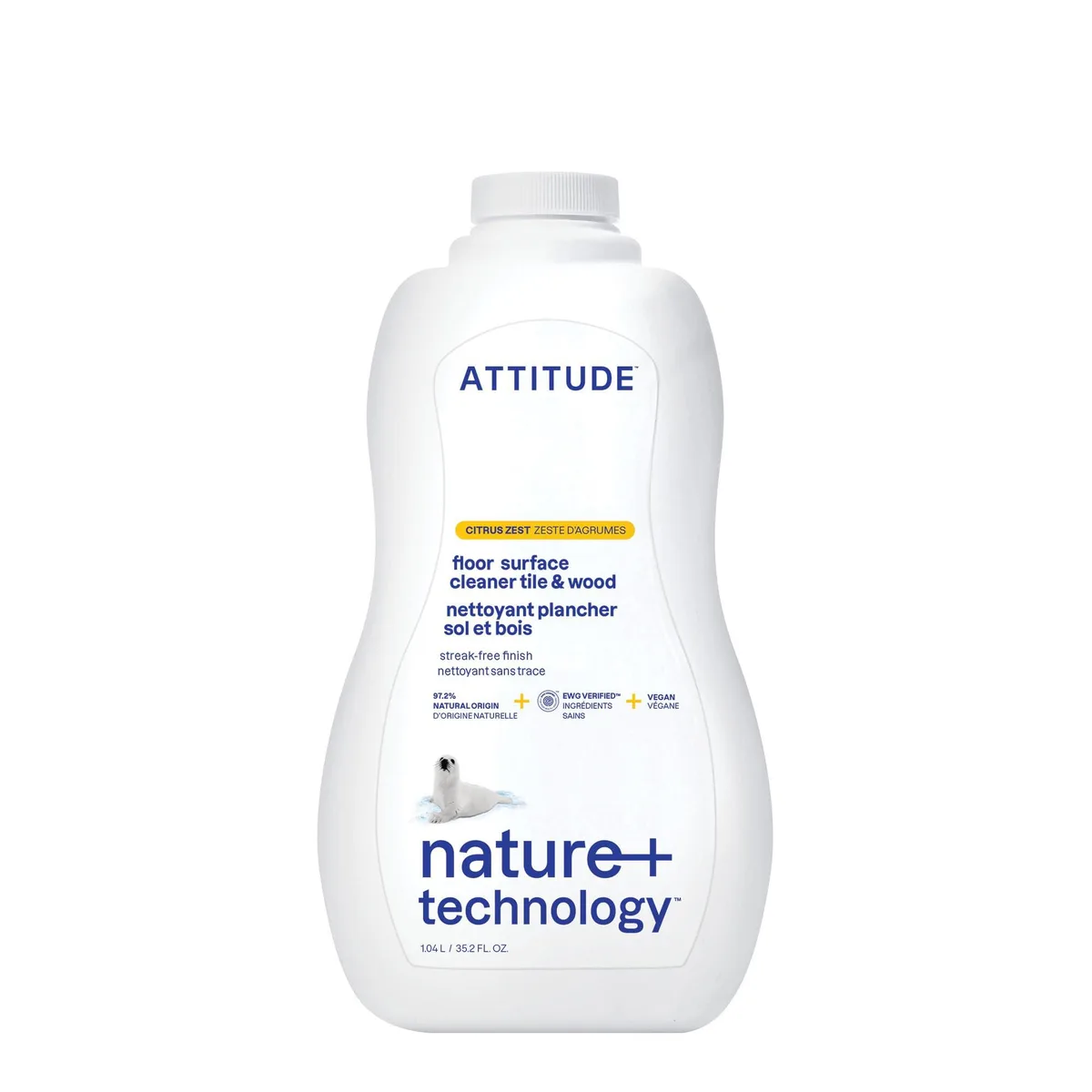 White recyclable HDPE bottle with citrus zest label, 35.2 fl oz floor cleaner