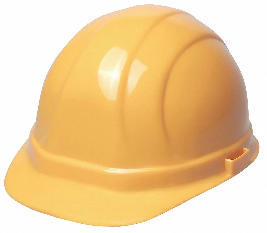 Yellow front-brim hard hat with six-point ratchet adjustment