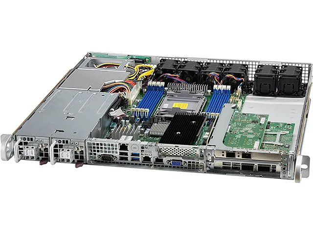 1U silver rackmount server chassis, front drive bays and redundant power supplies