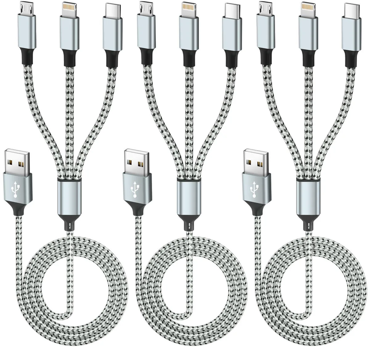  IDISON 3-in-1 Multi Charging Cable 3 Pack 4ft Greywhite — product photo