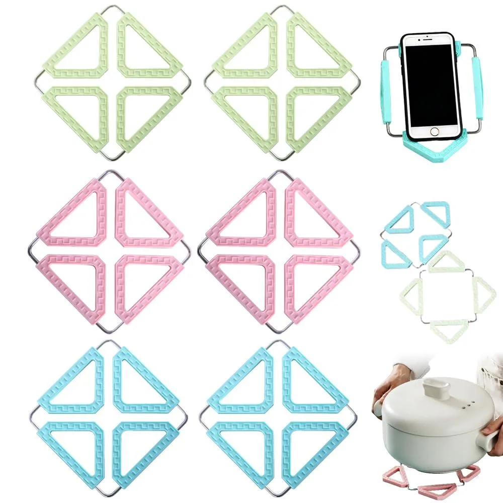 Six square foldable silicone trivets with stainless steel frames, light grey finish