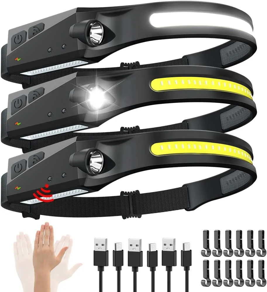 Three compact headlamps with wide COB strips and adjustable elastic headbands