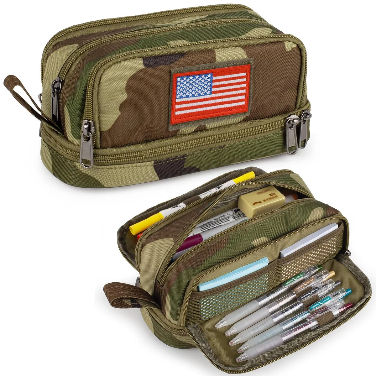 12-inch canvas pencil bag, four compartments, solid colour, top handle
