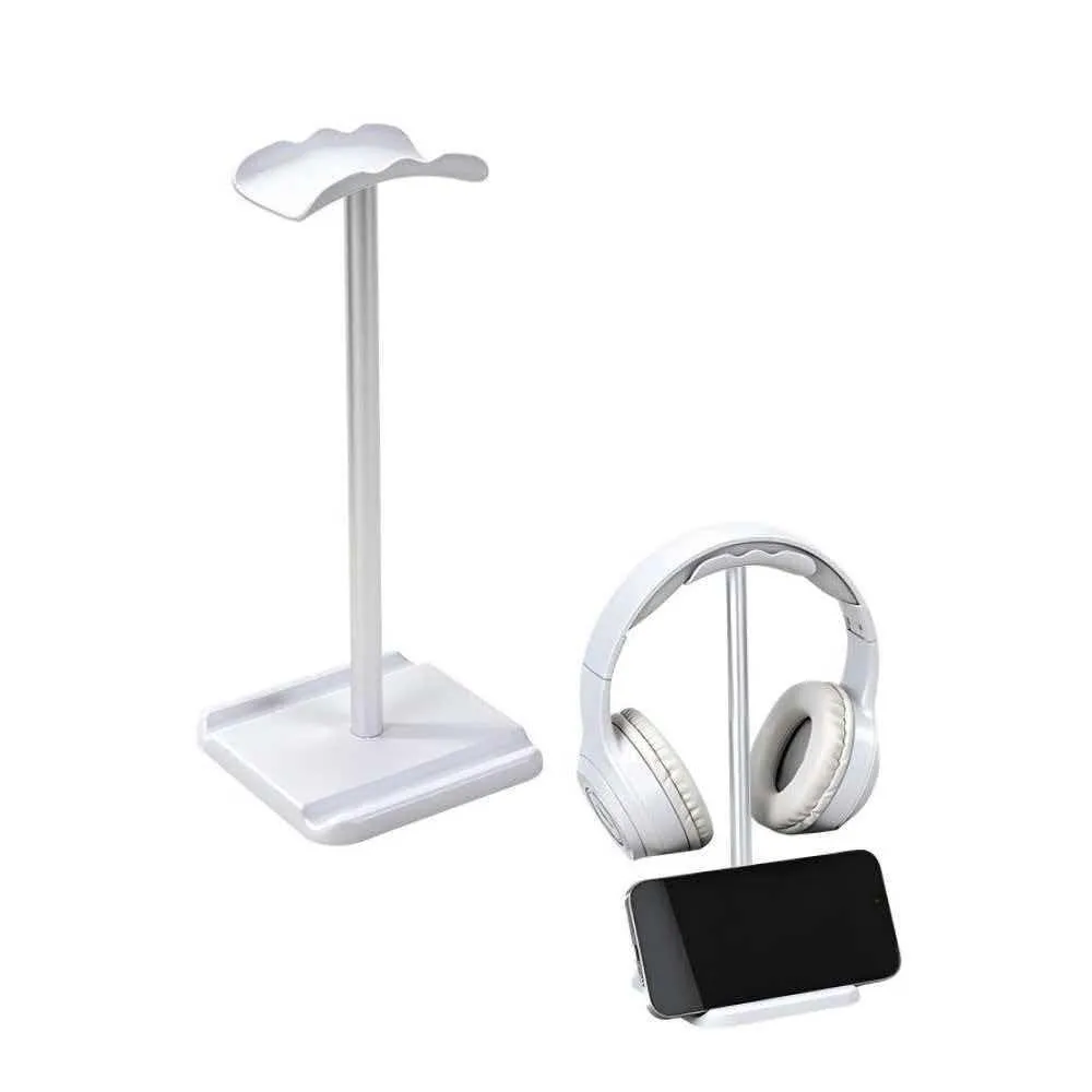 White aluminium headphone stand with phone slot, 9.64" tall, 4.13" base