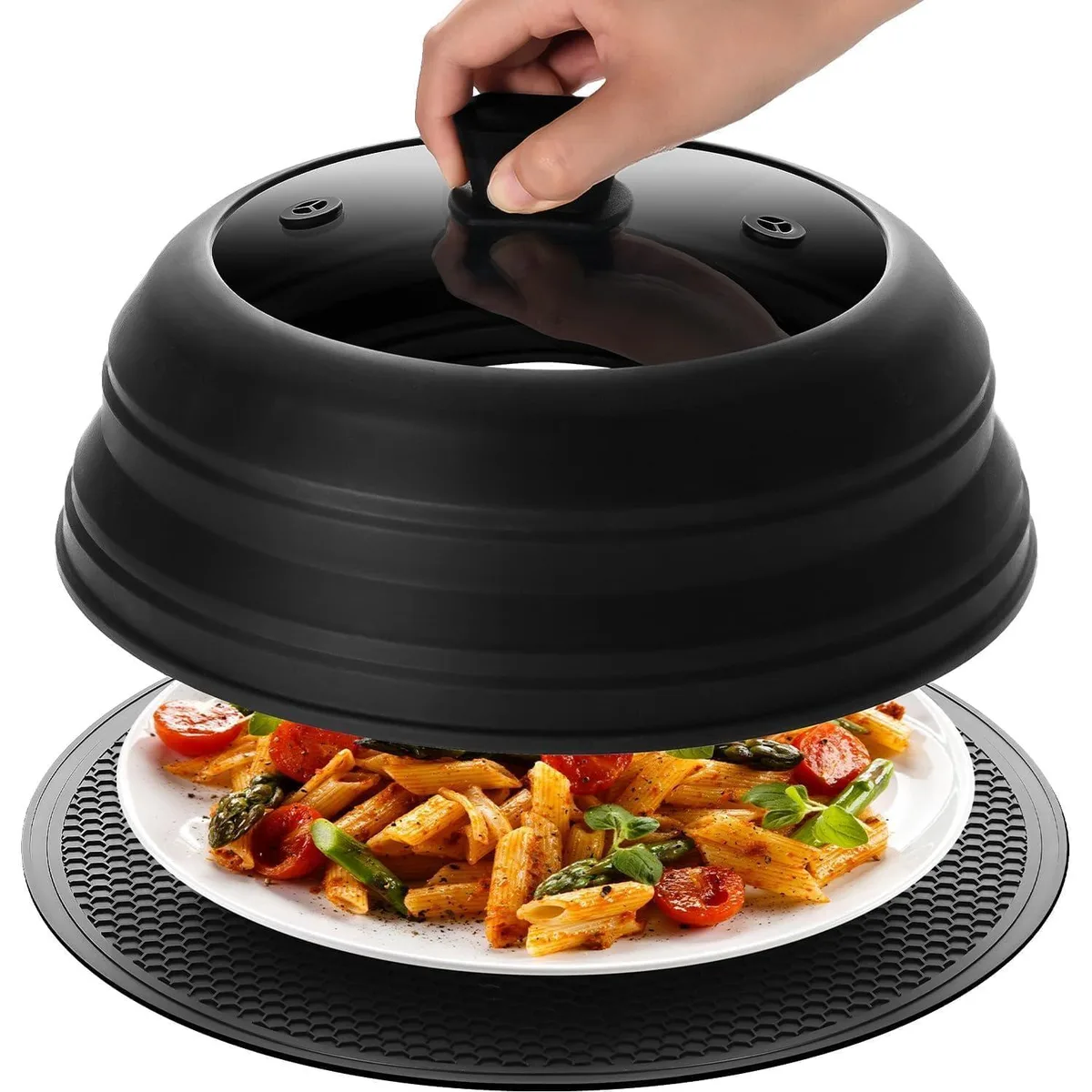 Round black tempered glass lid with collapsible silicone rim, 10.8 inch diameter