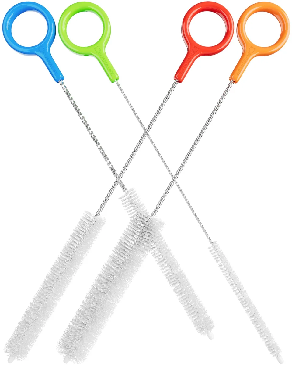 Four long stainless steel brushes with nylon bristles and ergonomic handles