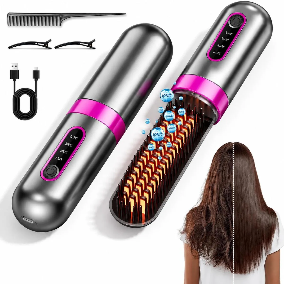  Cordless Hair Straightener Brush Go Brush Pro Gray 4000mAh — product photo