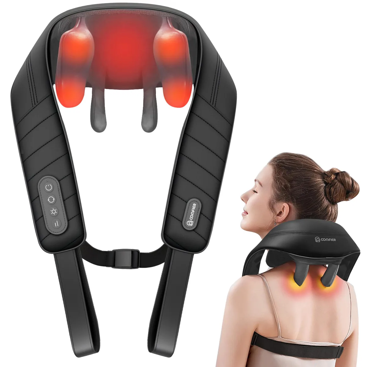 Midnight black wrap-around neck massager with faux leather finish and adjustable straps