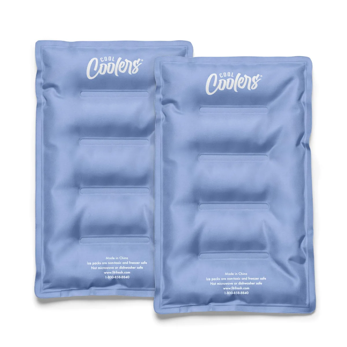 Two red flexible ice packs lying flat, rectangular with rounded corners, soft nylon finish