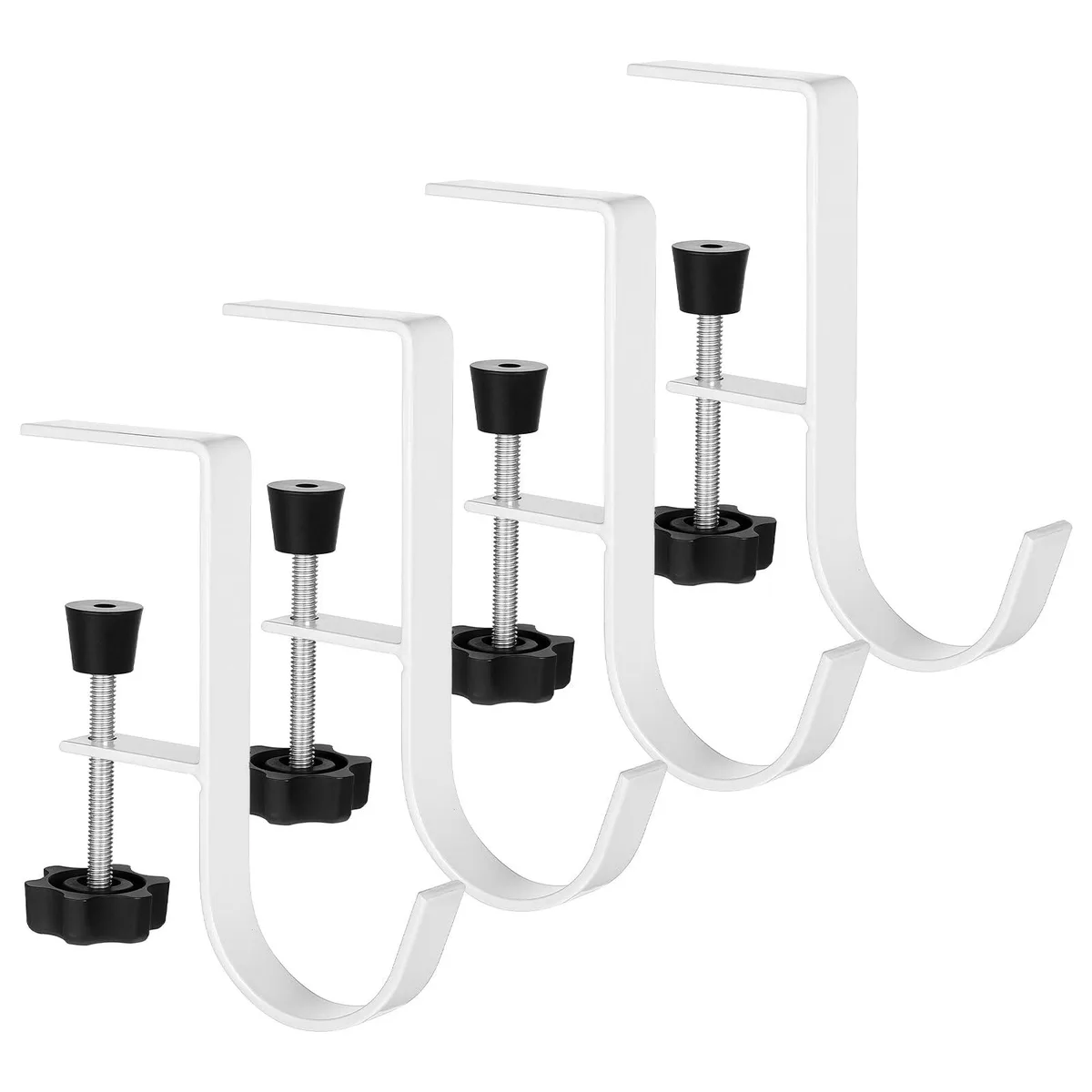 Four white J-shaped iron hooks with adjustable clamp knobs, 13 by 11 cm