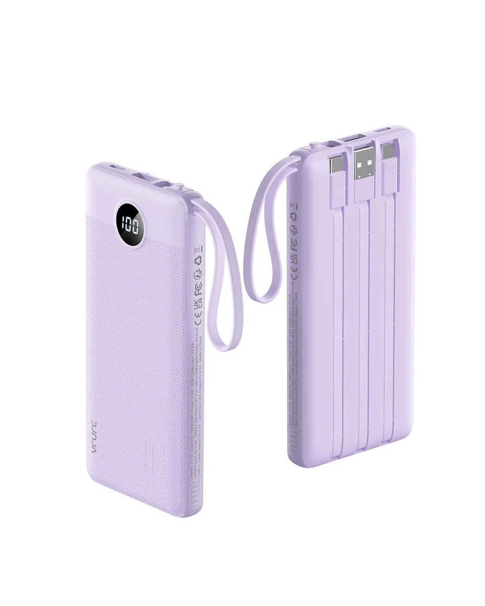  VRURC T1116 10000mAh power bank USB-C built-in cables Lavender — product photo