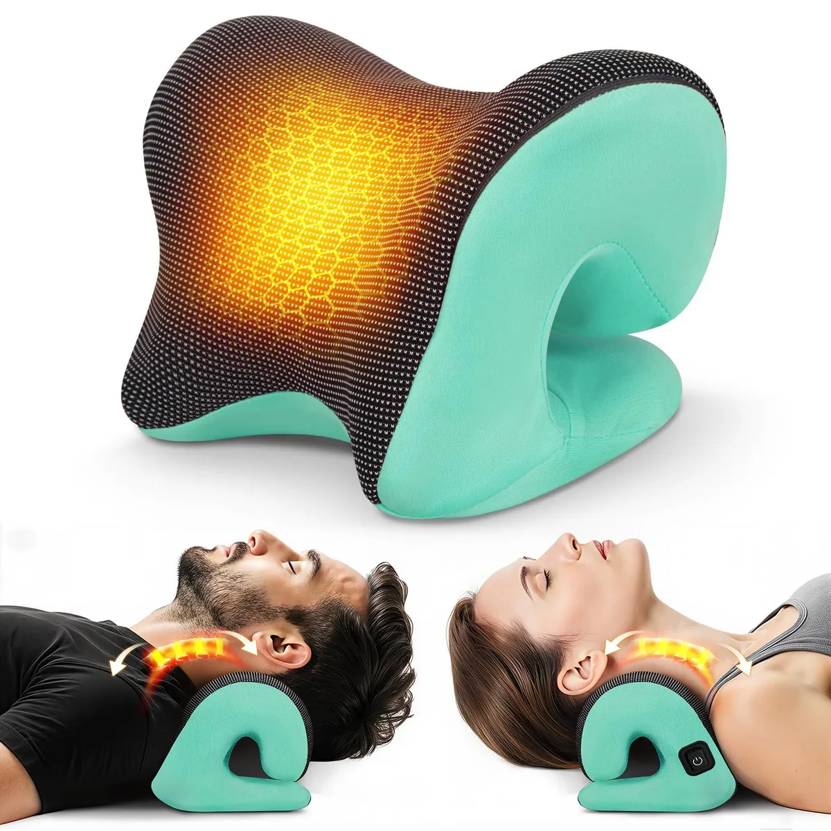 Green crescent-shaped neck stretcher with textured magnetic cover and graphene heating panel
