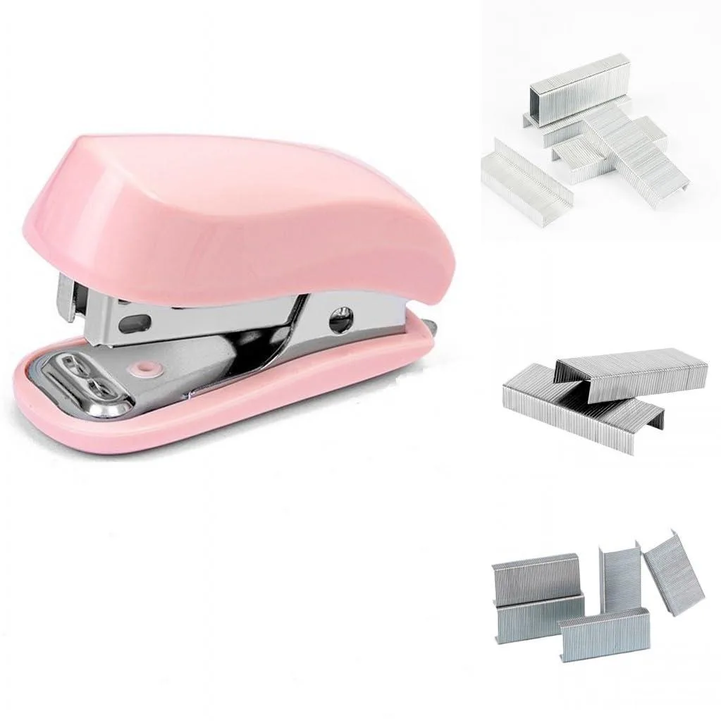 Pink plastic mini stapler, palm-sized, compact form