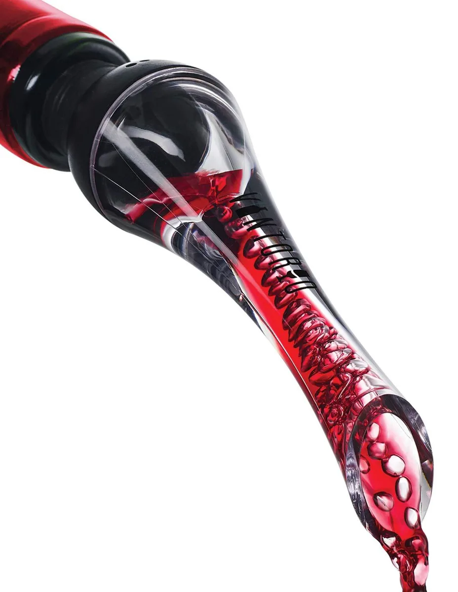 Black stainless steel wine aerator pourer, 2½ inches high, with clear acrylic spout and tapered rubber stopper