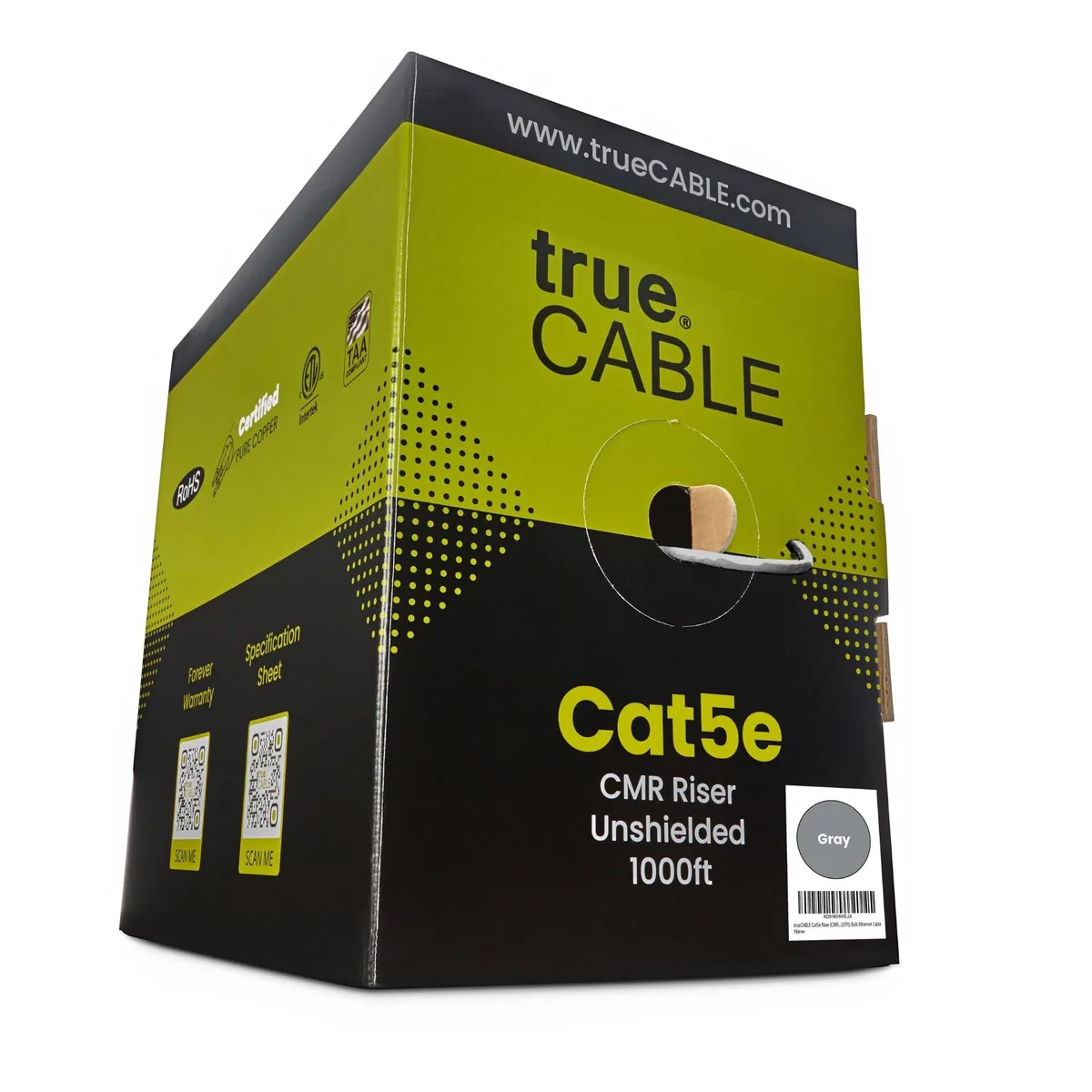 Gray Cat5e bulk Ethernet cable on pull-box spool