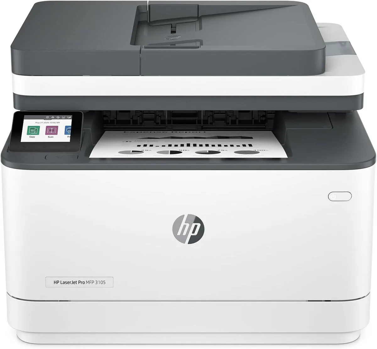 White rectangular laser printer with flat top and front paper tray