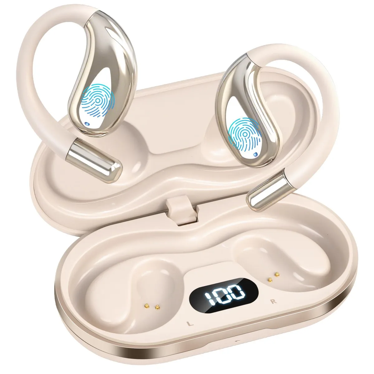Khaki open-ear clip wireless earbuds with charging case
